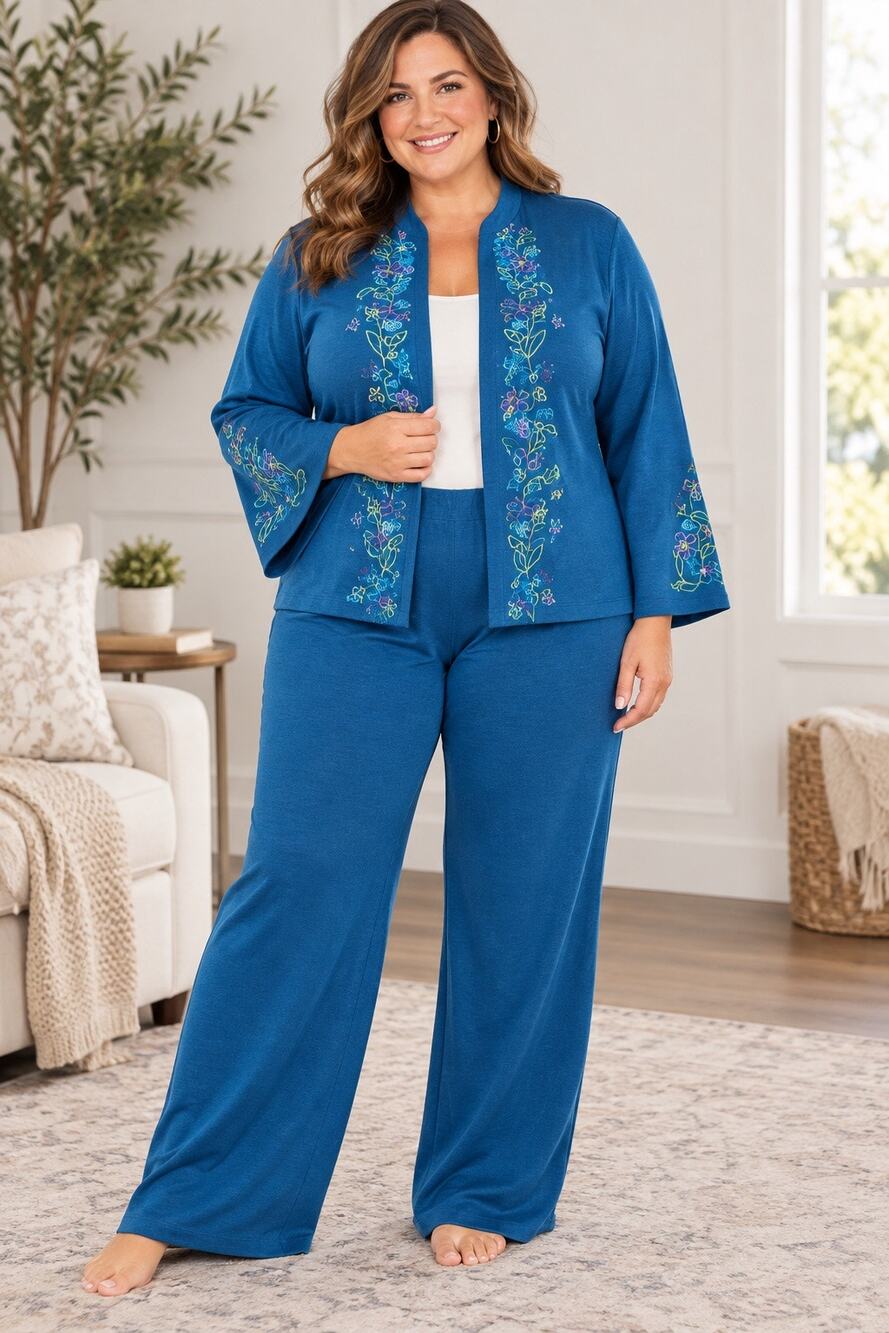 Diane von Furstenberg Silk Assets 1X 100% Silk 2Pc Pants Cardigan Set Embroider